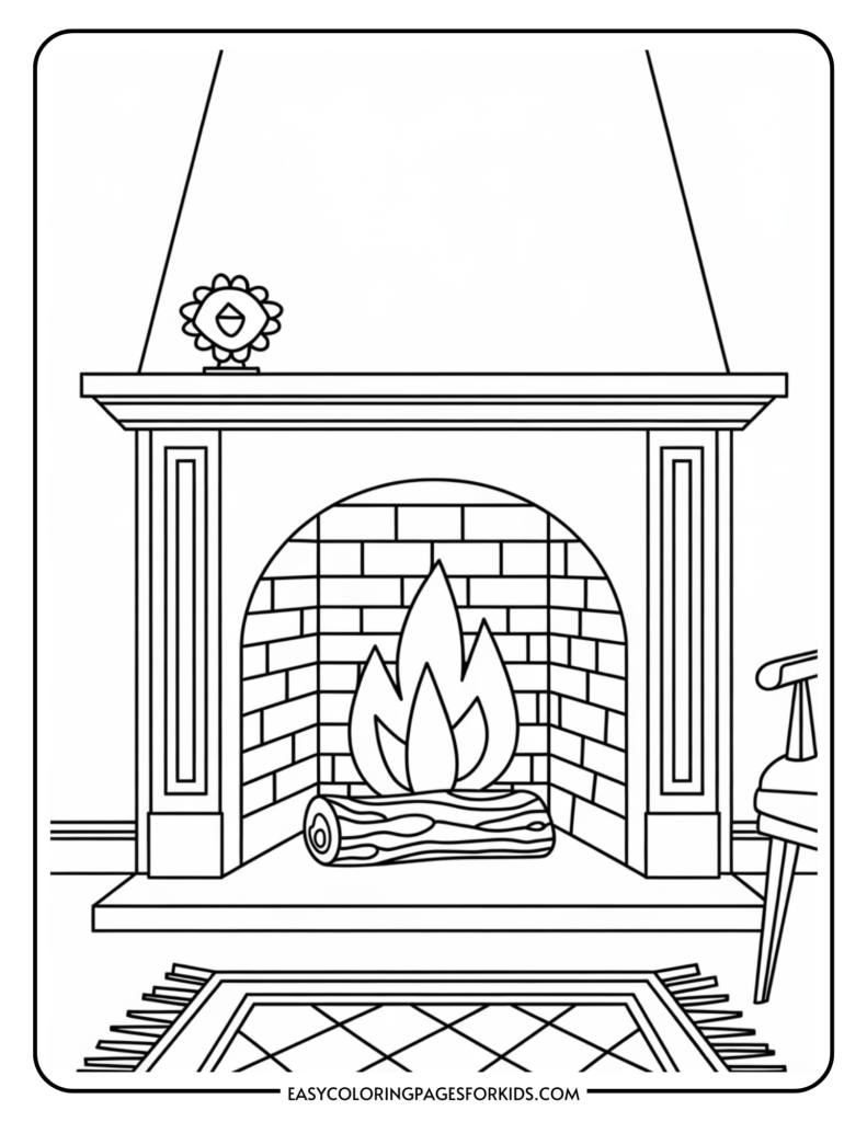 Coloring page of a cozy fireplace with a roaring fire, wooden logs, decorative mantel, and a patterned rug, ideal for children's art activities.