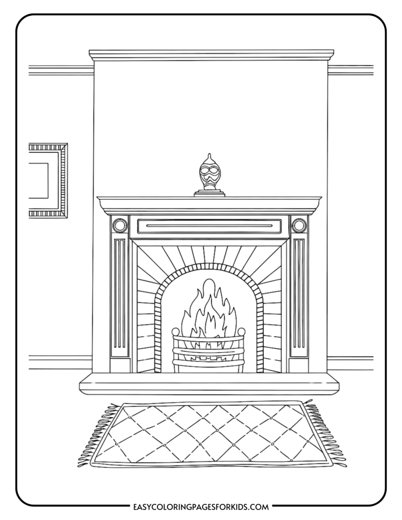 Line art illustration of a cozy fireplace with a decorative mantle, a burning fire in a basket, and a patterned rug in front, ideal for coloring activities for kids.