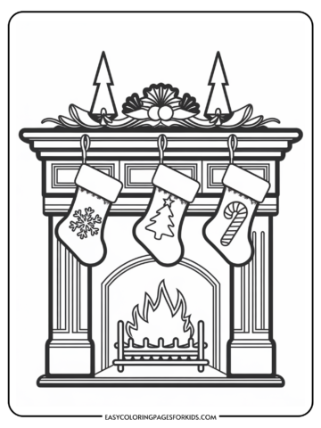 Coloring page of a cozy fireplace decorated with three hanging Christmas stockings, featuring festive designs like a snowflake, a Christmas tree, and a candy cane, surrounded by decorative elements like pine trees and a floral arrangement. Perfect for holiday-themed activities for kids.