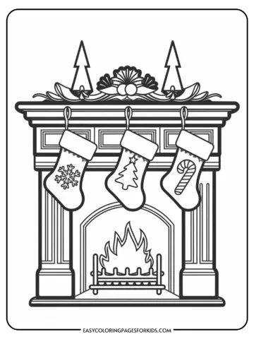 Coloring page of a cozy fireplace decorated with three hanging Christmas stockings, featuring festive designs like a snowflake, a Christmas tree, and a candy cane, surrounded by decorative elements like pine trees and a floral arrangement. Perfect for holiday-themed activities for kids.