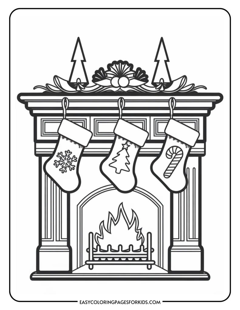 Coloring page of a cozy fireplace decorated with three hanging Christmas stockings, featuring festive designs like a snowflake, a Christmas tree, and a candy cane, surrounded by decorative elements like pine trees and a floral arrangement. Perfect for holiday-themed activities for kids.