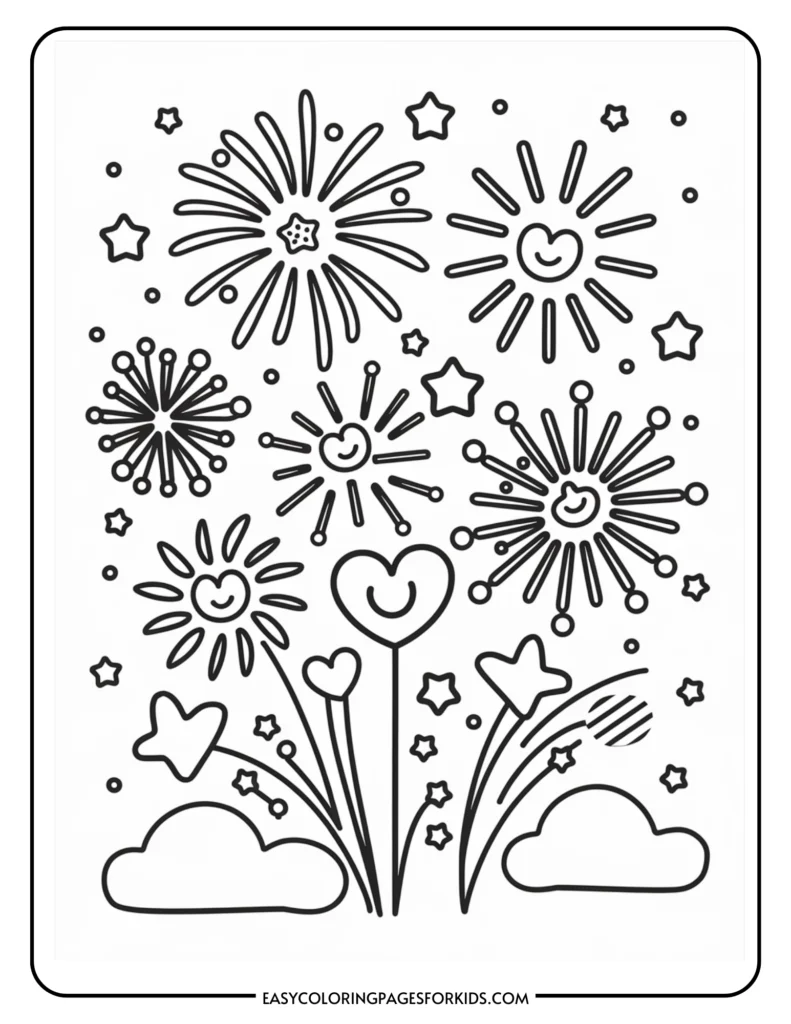 Coloring page featuring a whimsical design of fireworks, hearts, stars, and clouds, perfect for kids to color and enjoy creativity.