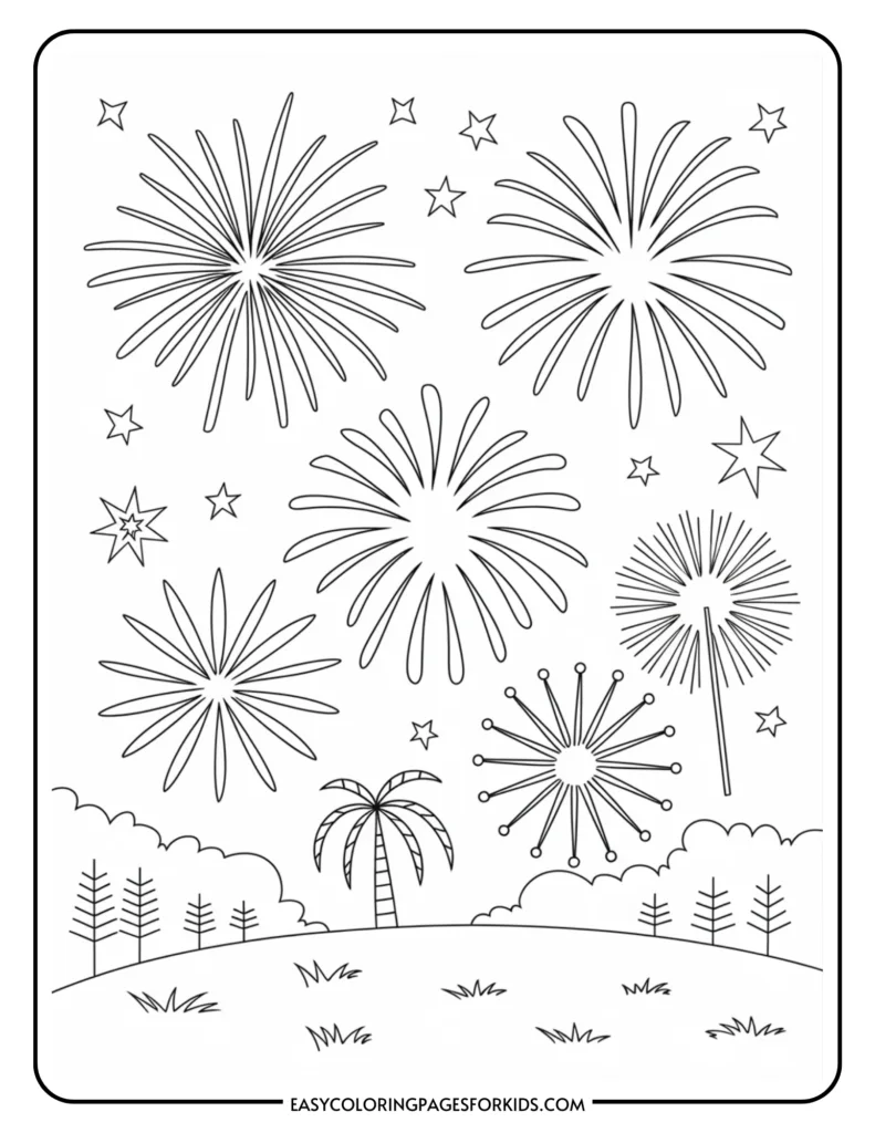 Black and white illustration of fireworks in various designs, surrounded by stars and a landscape of trees and palm trees, suitable for coloring activities.