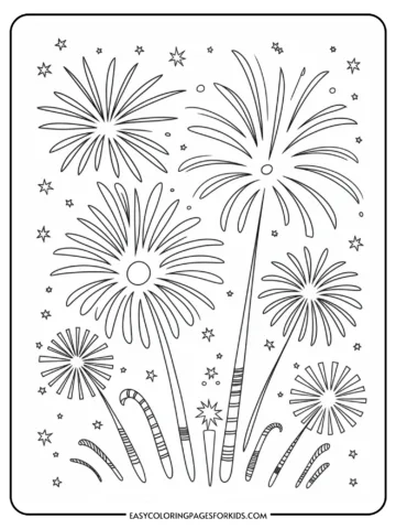 Black and white coloring page featuring festive fireworks, stars, and candy canes, perfect for children's art activities and holiday celebrations.