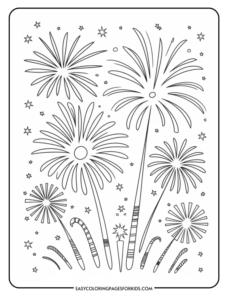 Black and white coloring page featuring festive fireworks, stars, and candy canes, perfect for children's art activities and holiday celebrations.