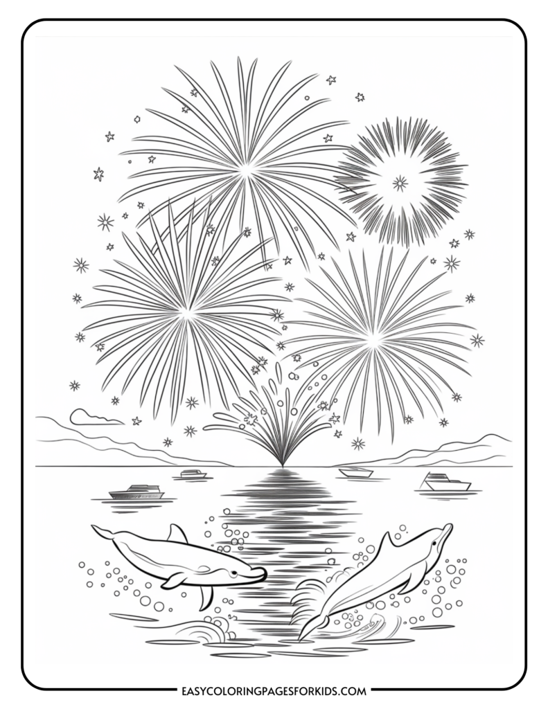 Illustration of a serene night scene featuring dolphins swimming in a calm sea, with vibrant fireworks bursting in the sky above, creating a festive atmosphere.