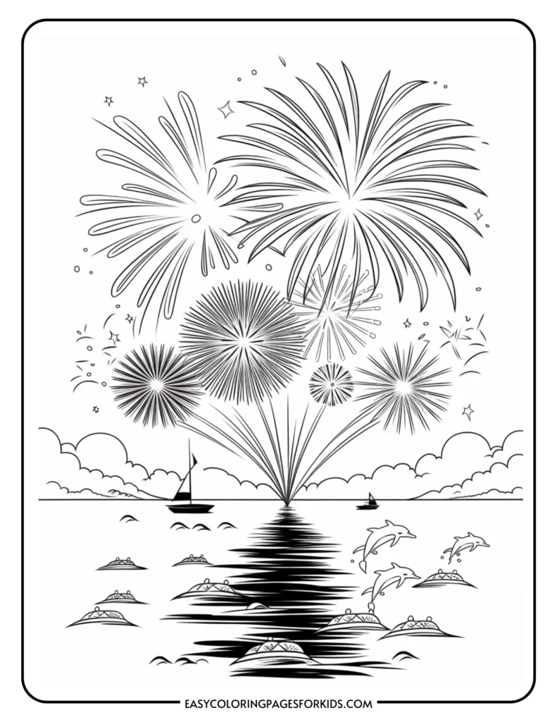 Black and white coloring page featuring a vibrant fireworks display over a calm sea, with dolphins jumping, a sailboat, and a scenic island backdrop. Ideal for kids' coloring activities.