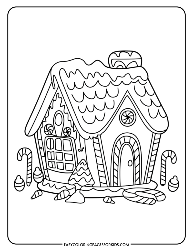 Gingerbread house coloring page featuring a whimsical design with a candy cane pathway, snow-covered roof, and decorative elements like lollipops and gumdrops, perfect for kids' holiday activities.