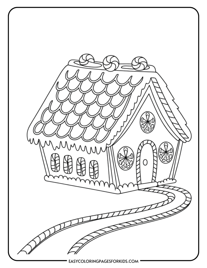 Black and white coloring page of a whimsical gingerbread house with a candy roof, decorated windows, and a winding path. Ideal for kids' creative activities.