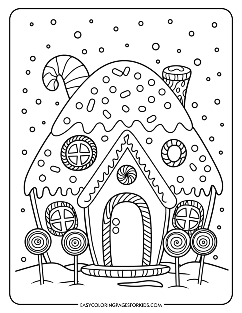 Coloring page of a whimsical gingerbread house decorated with candy, lollipops, and snowflakes, ideal for kids' creative activities.