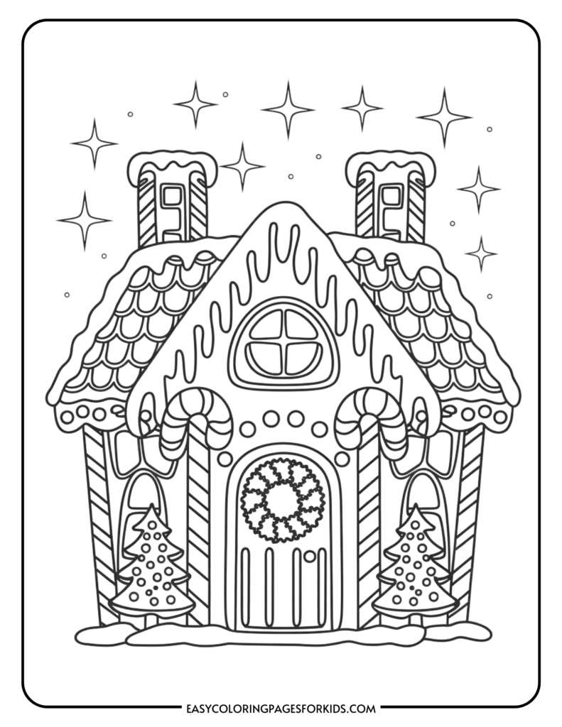 Black and white outline drawing of a whimsical gingerbread house decorated with candy canes, snow, and festive trees, ideal for children's coloring activities.