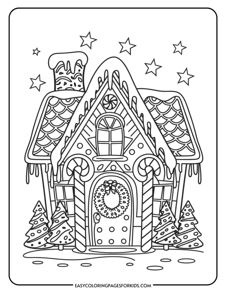 Coloring page of a whimsical gingerbread house adorned with candy canes, a wreath, and snow-covered roofs, surrounded by decorated evergreen trees and stars in the background. Perfect for festive holiday-themed activities for kids.