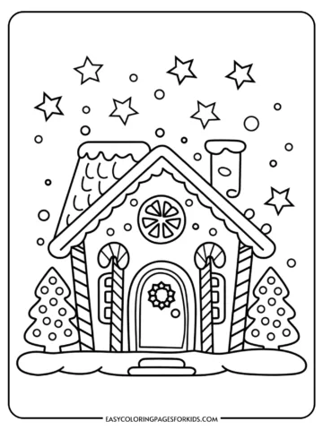 Coloring page of a whimsical gingerbread house surrounded by snowflakes and stars, featuring candy canes, decorated trees, and a wreath on the door. Perfect for kids' holiday-themed activities.