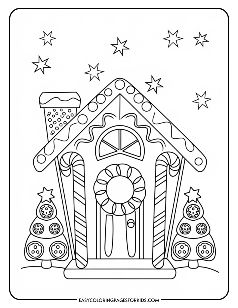 Coloring page featuring a whimsical gingerbread house decorated with candy canes, a wreath, and Christmas trees, set against a starry night sky. Ideal for holiday-themed art activities for kids.