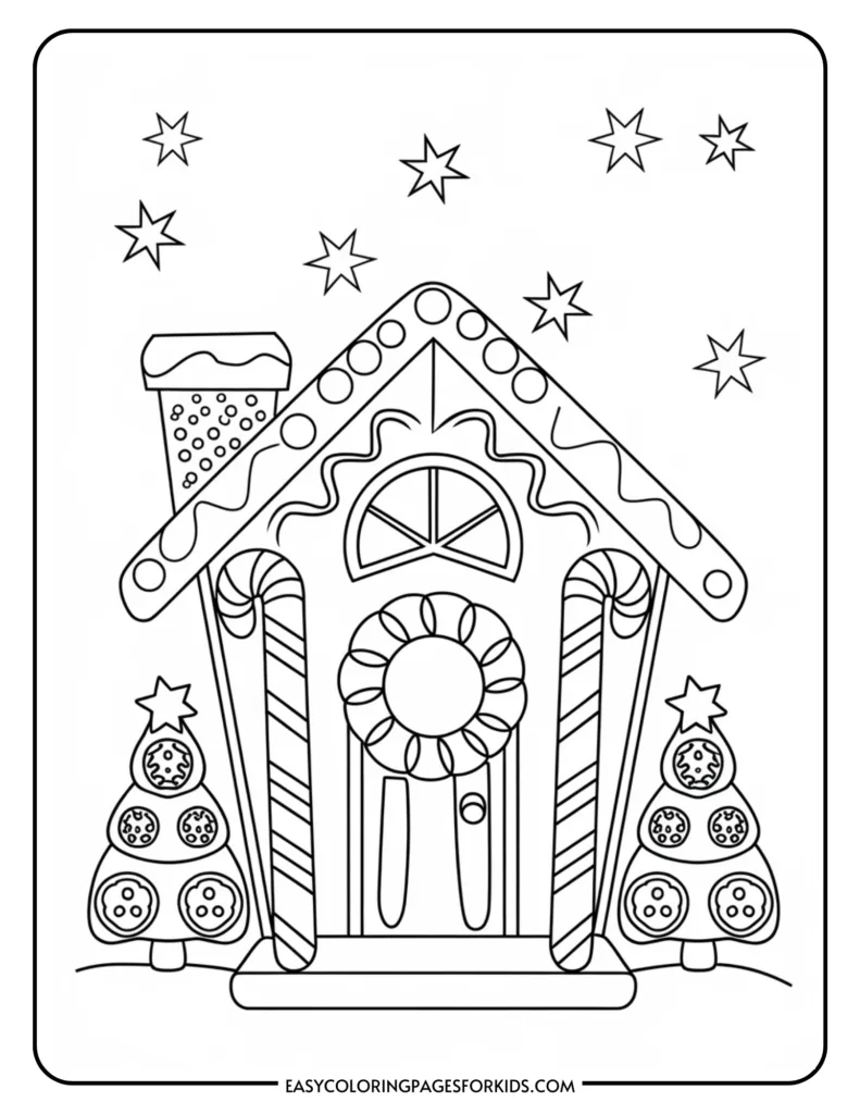 Coloring page featuring a whimsical gingerbread house decorated with candy canes, a wreath, and Christmas trees, set against a starry night sky. Ideal for holiday-themed art activities for kids.