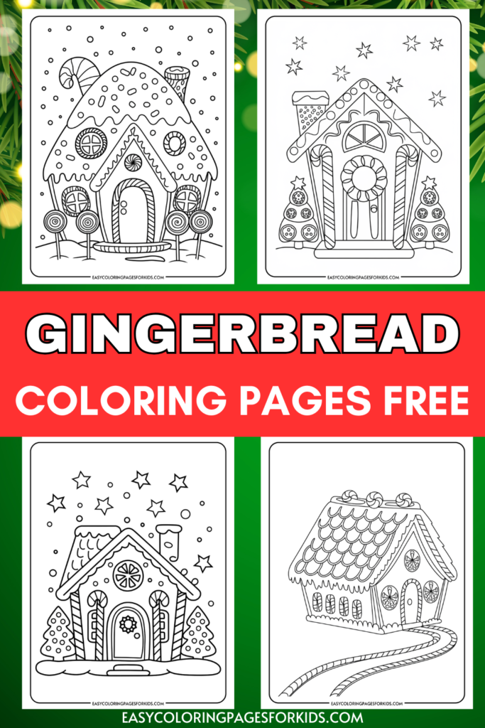 Gingerbread coloring pages featuring four whimsical designs of gingerbread houses with candy decorations, suitable for kids. Ideal for holiday-themed arts and crafts activities. Free printable coloring sheets available for download.