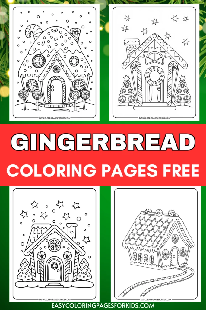 Gingerbread coloring pages featuring four whimsical designs of gingerbread houses with candy decorations, suitable for kids. Ideal for holiday-themed arts and crafts activities. Free printable coloring sheets available for download.