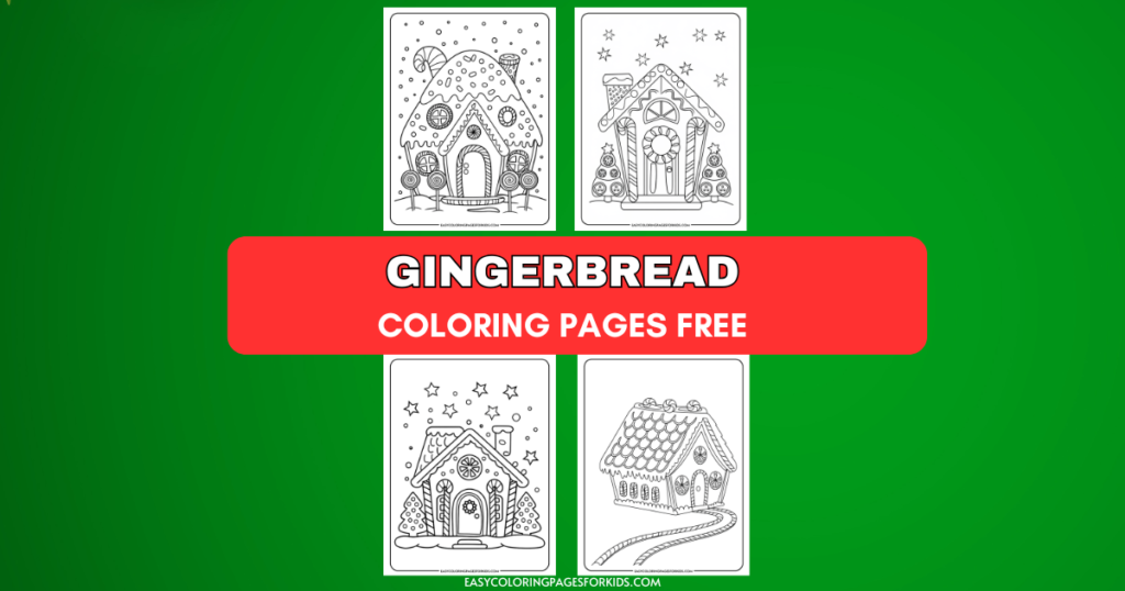 Gingerbread coloring pages featuring four detailed designs of gingerbread houses, perfect for kids and holiday-themed activities. Available for free download and printing.