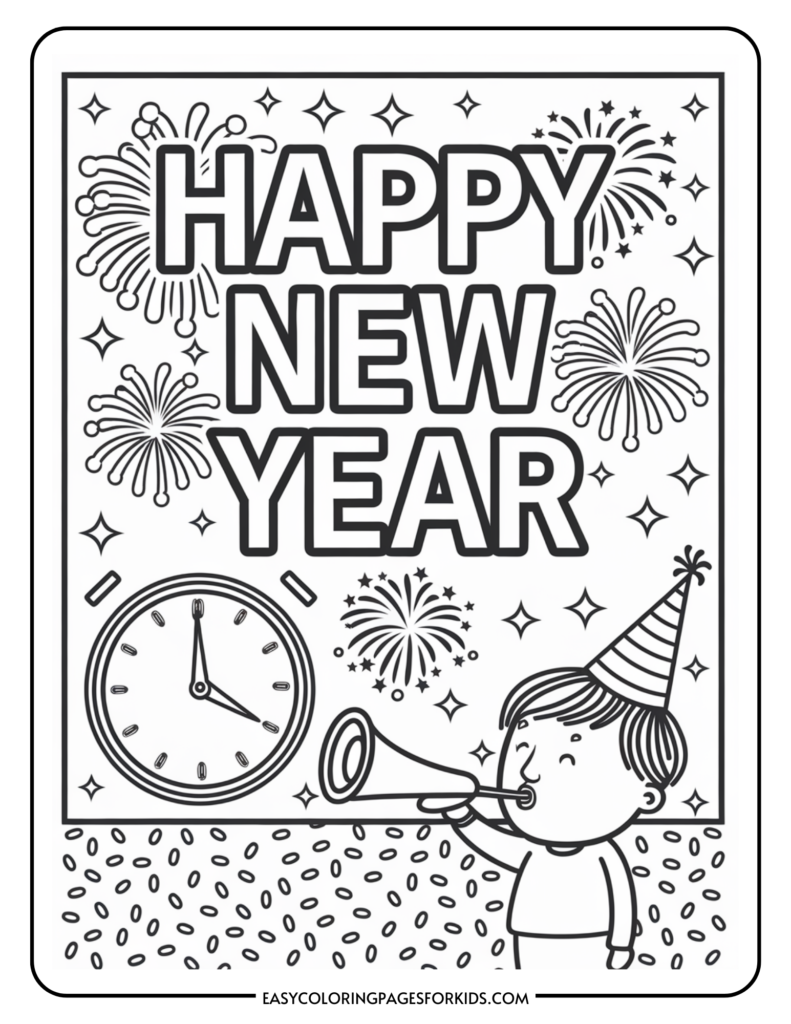 Illustration of a child celebrating New Year with a party hat and a horn, surrounded by fireworks and a clock showing midnight, with the text "Happy New Year"