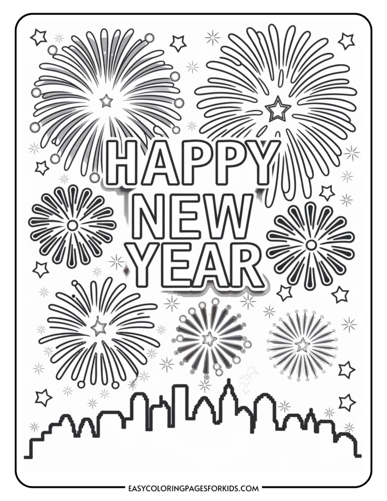 New Year coloring page featuring vibrant fireworks and a city skyline with the text "Happy New Year," perfect for kids' creative activities and celebrations.