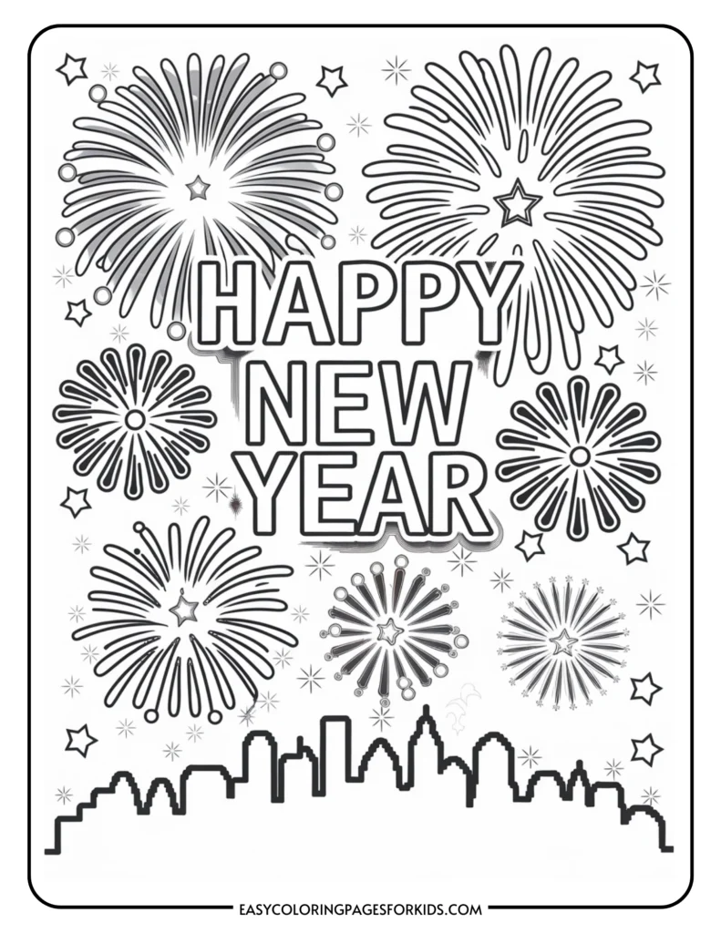 New Year coloring page featuring vibrant fireworks and a city skyline with the text "Happy New Year," perfect for kids' creative activities and celebrations.