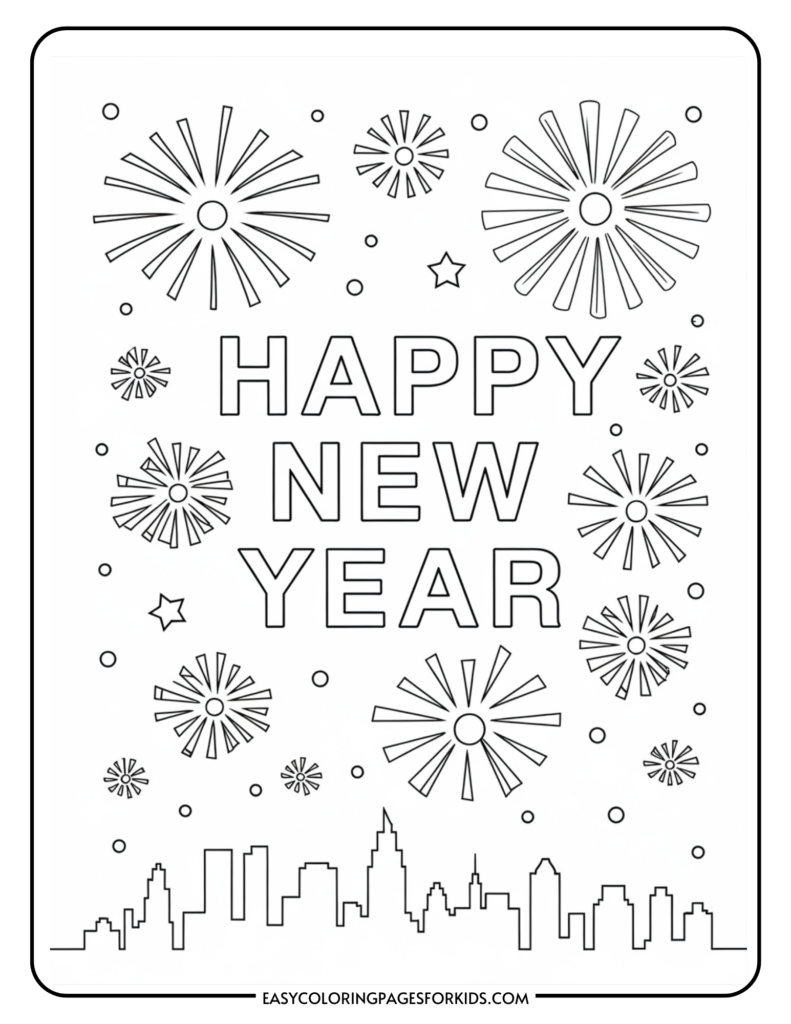 New Year coloring page featuring the text "Happy New Year" surrounded by fireworks and stars, with a city skyline at the bottom, designed for kids to color.