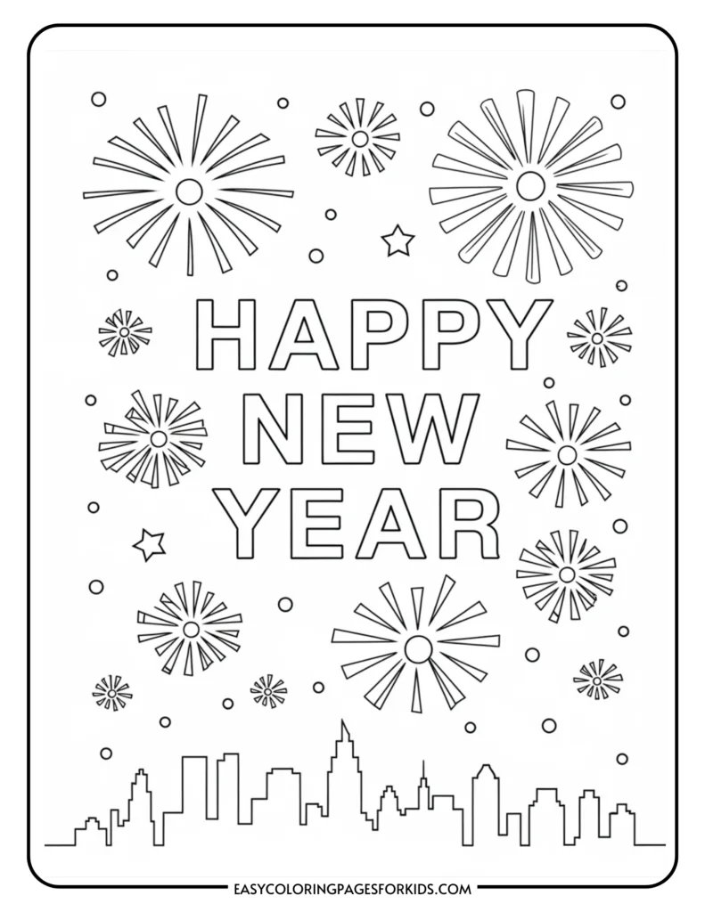 New Year coloring page featuring the text "Happy New Year" surrounded by fireworks and stars, with a city skyline at the bottom, designed for kids to color.