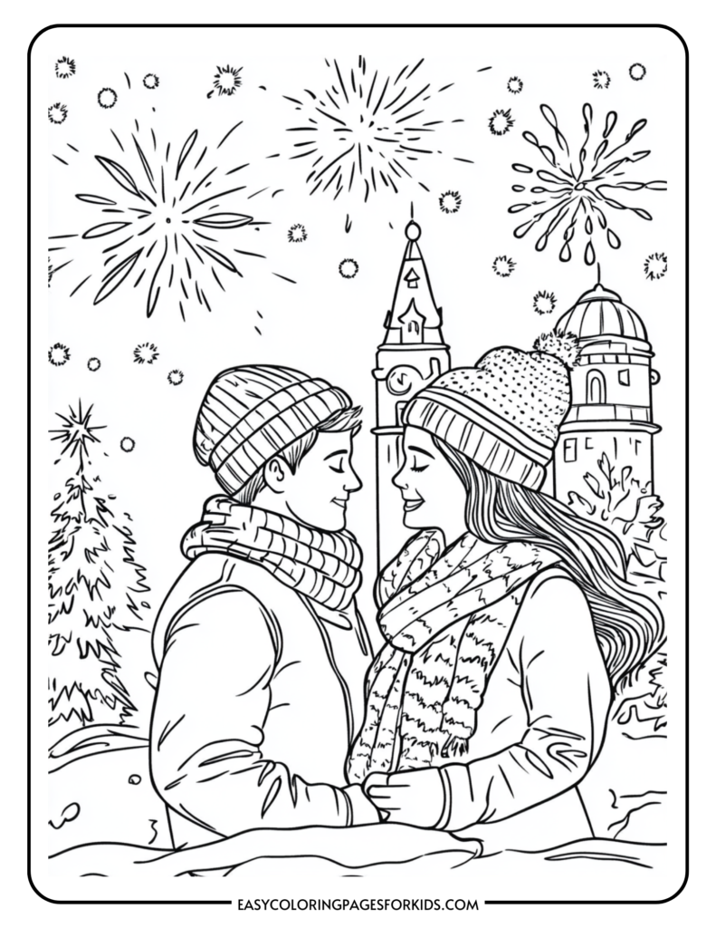 A winter-themed coloring page featuring two children in warm clothing, smiling at each other amidst a snowy landscape with fireworks in the background and a clock tower. Ideal for kids' creative activities and holiday-themed coloring.