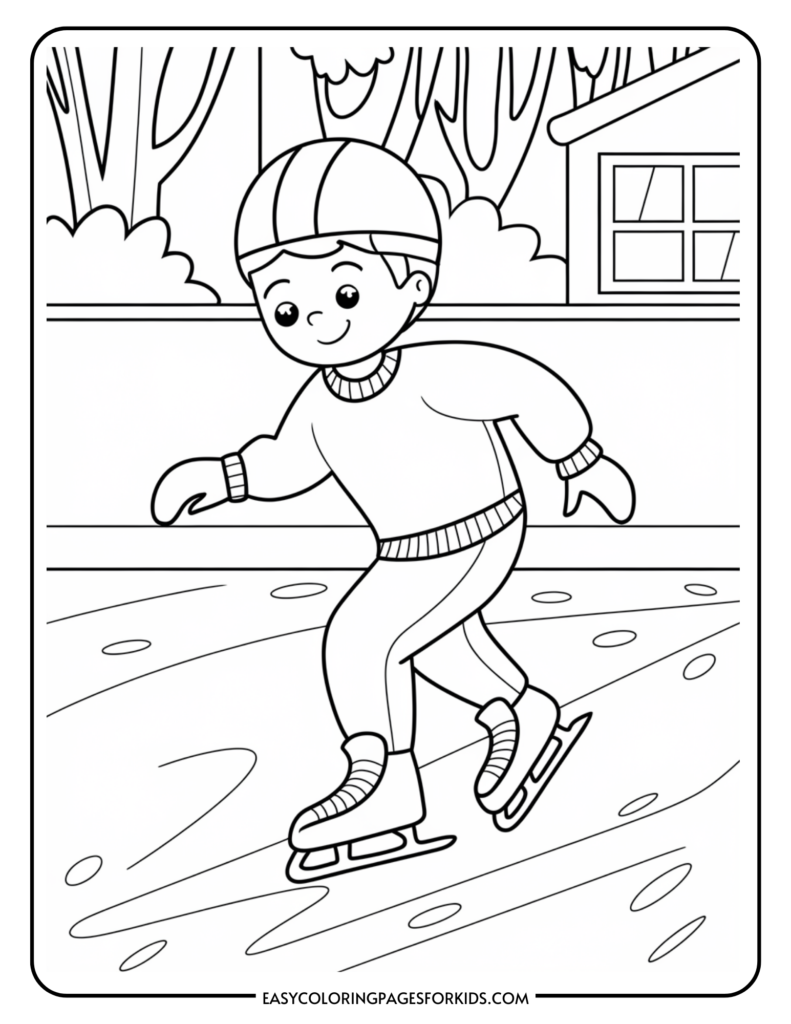 A young boy ice skating on a frozen pond, wearing a helmet and warm clothing, surrounded by trees and a house in the background. Coloring page for kids featuring a winter activity.