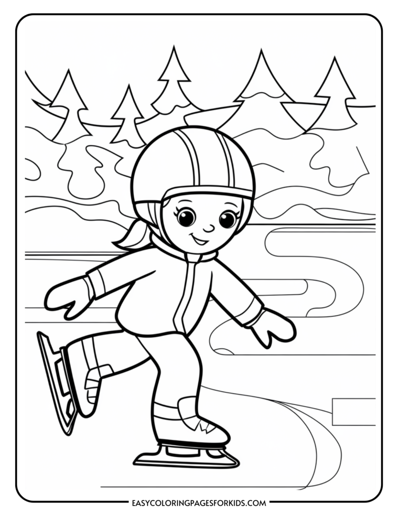 A cheerful cartoon girl ice skating on a frozen pond surrounded by pine trees, designed for a coloring page.