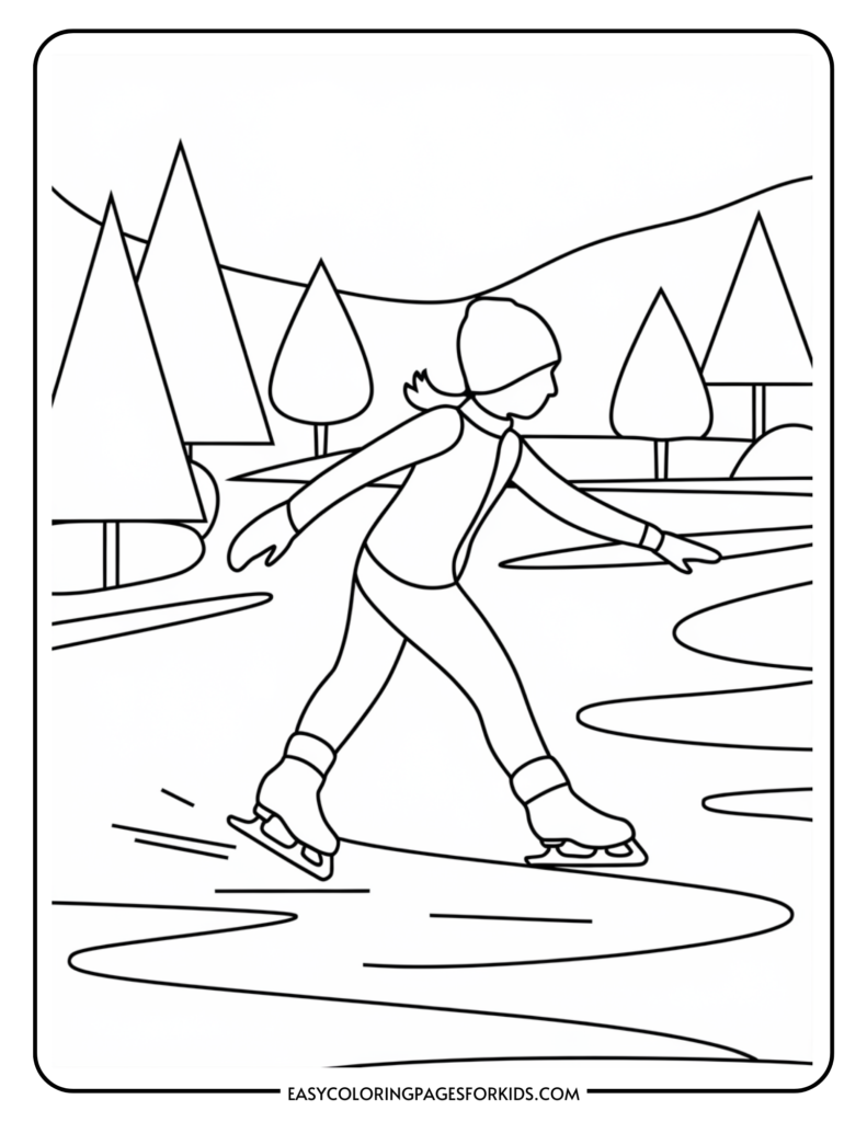 A young girl ice skating on a frozen pond surrounded by trees and mountains, designed for coloring activities.