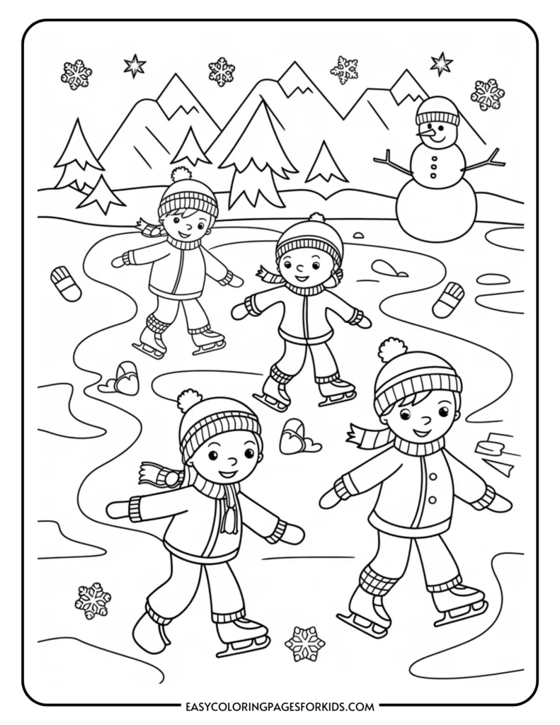 Black and white coloring page featuring children ice skating on a frozen pond surrounded by mountains and a snowman, with snowflakes and hearts scattered throughout the scene.