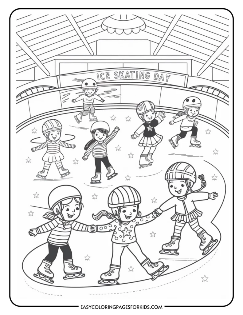 Children enjoying ice skating on a colorful rink, featuring multiple kids wearing helmets and skates, engaging in various skating activities during an event labeled "Ice Skating Day." Ideal for a fun coloring page for kids.