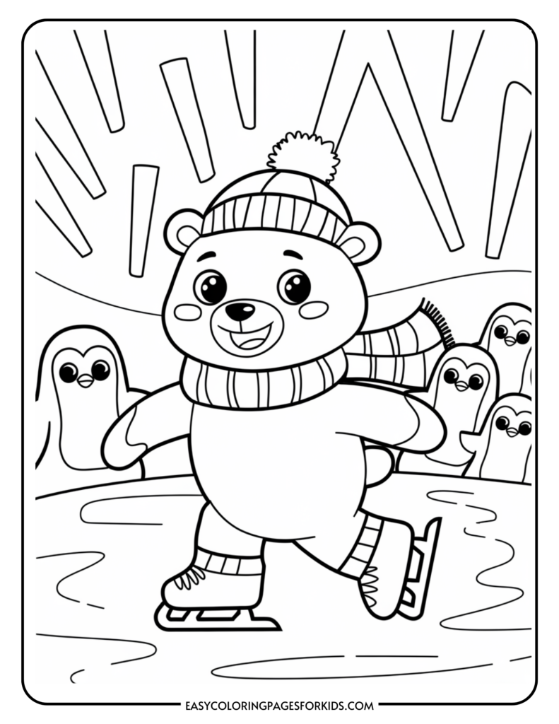 Cute bear ice skating in winter with penguins in the background, perfect for a children's coloring page.