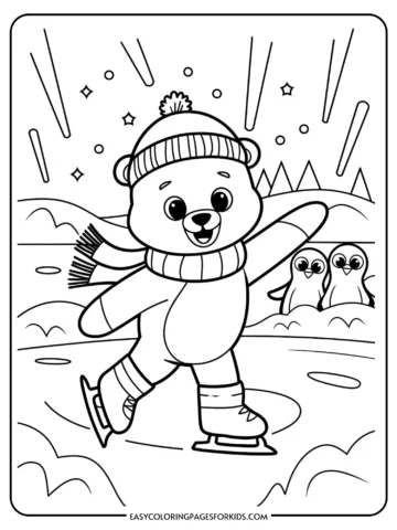 Cute bear ice skating in winter scenery with two penguins in the background, surrounded by stars and snowy hills, perfect for a children's coloring activity.