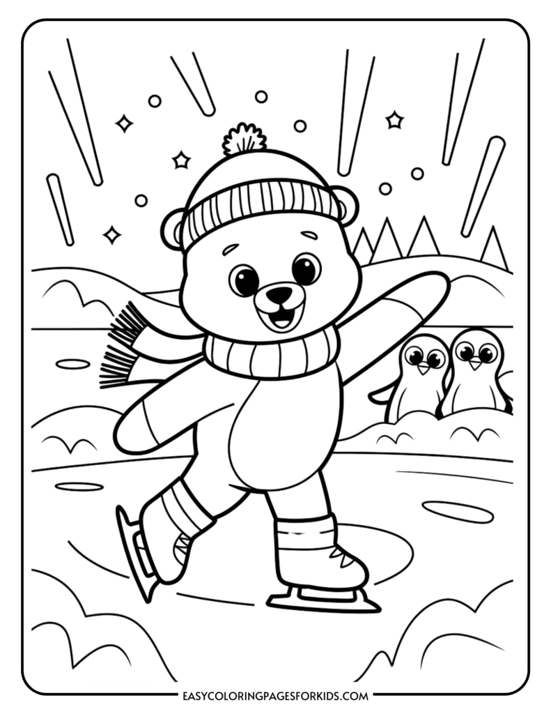 Cute bear ice skating in winter scenery with two penguins in the background, surrounded by stars and snowy hills, perfect for a children's coloring activity.