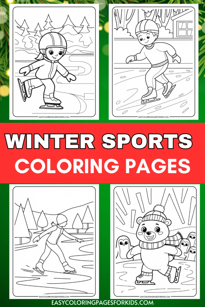 Coloring pages featuring winter sports activities, including ice skating and a playful bear, designed for kids to enjoy creative fun during the winter season. Ideal for enhancing motor skills and imagination.