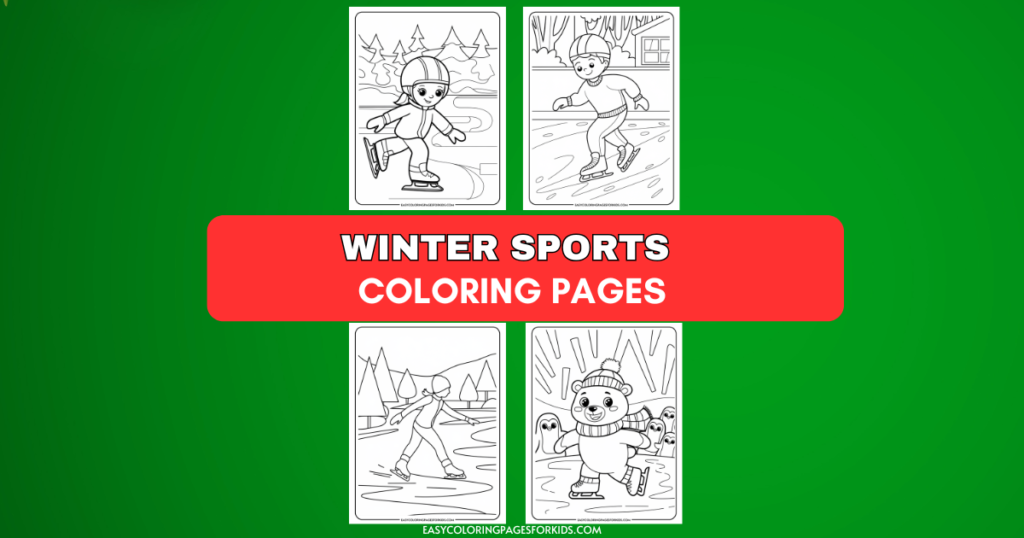 Coloring page collection featuring winter sports activities, including ice skating and snowboarding, designed for kids. Engaging illustrations encourage creativity and enjoyment during the winter season.