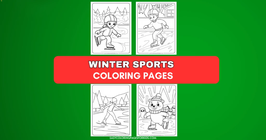 Coloring page collection featuring winter sports activities, including ice skating and snowboarding, designed for kids. Engaging illustrations encourage creativity and enjoyment during the winter season.