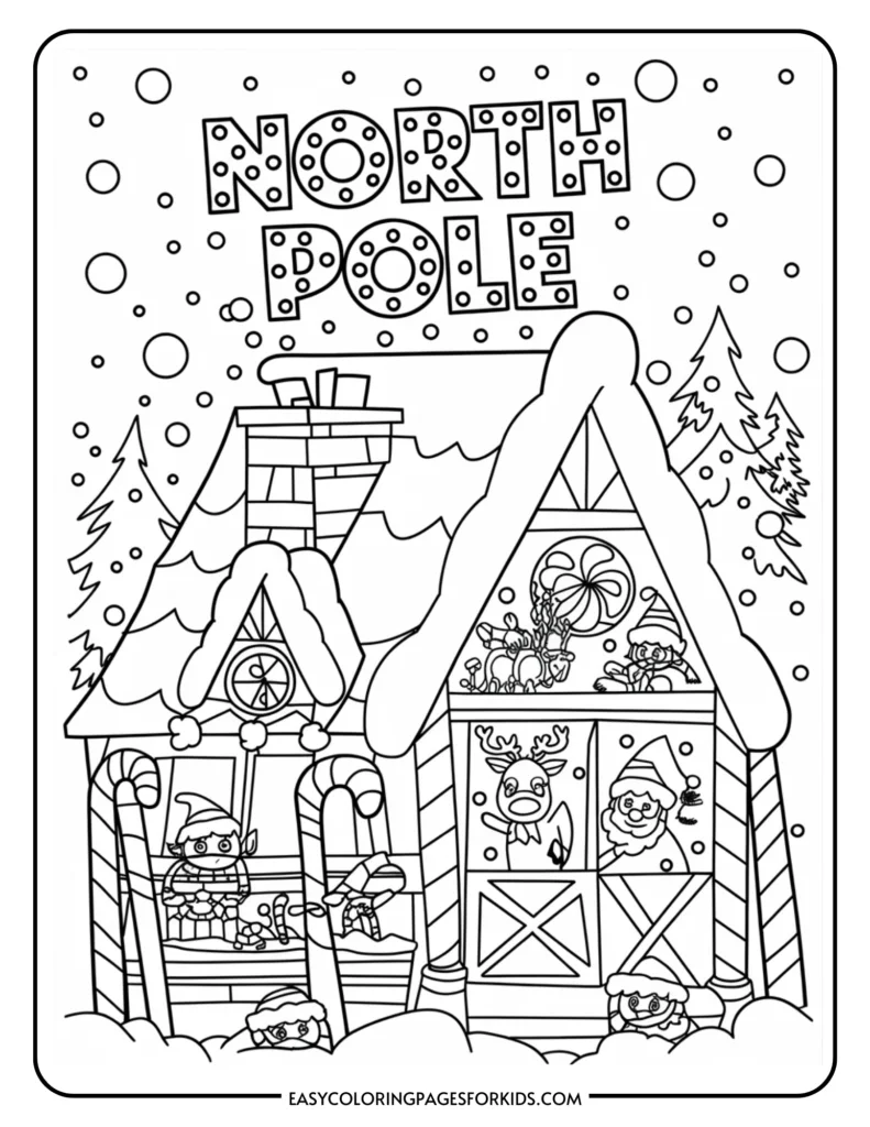 Coloring page featuring a whimsical North Pole scene with a cozy cottage, snowflakes, and festive characters including elves, Santa, and a reindeer. Ideal for children's holiday-themed art activities.