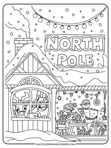 Coloring page featuring a whimsical North Pole scene with a cozy house, decorated with snow and lights. Inside the house, cheerful elves and reindeer are visible through the window, engaging in festive activities. Perfect for kids' holiday-themed coloring activities.