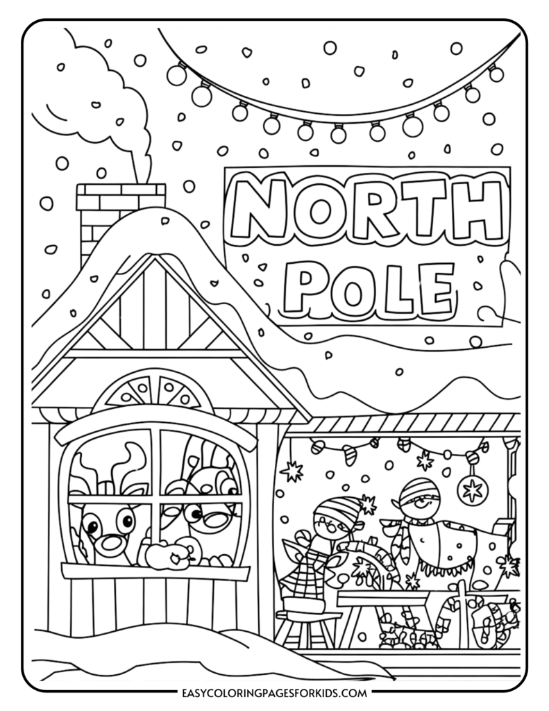 Coloring page featuring a whimsical North Pole scene with a cozy house, decorated with snow and lights. Inside the house, cheerful elves and reindeer are visible through the window, engaging in festive activities. Perfect for kids' holiday-themed coloring activities.