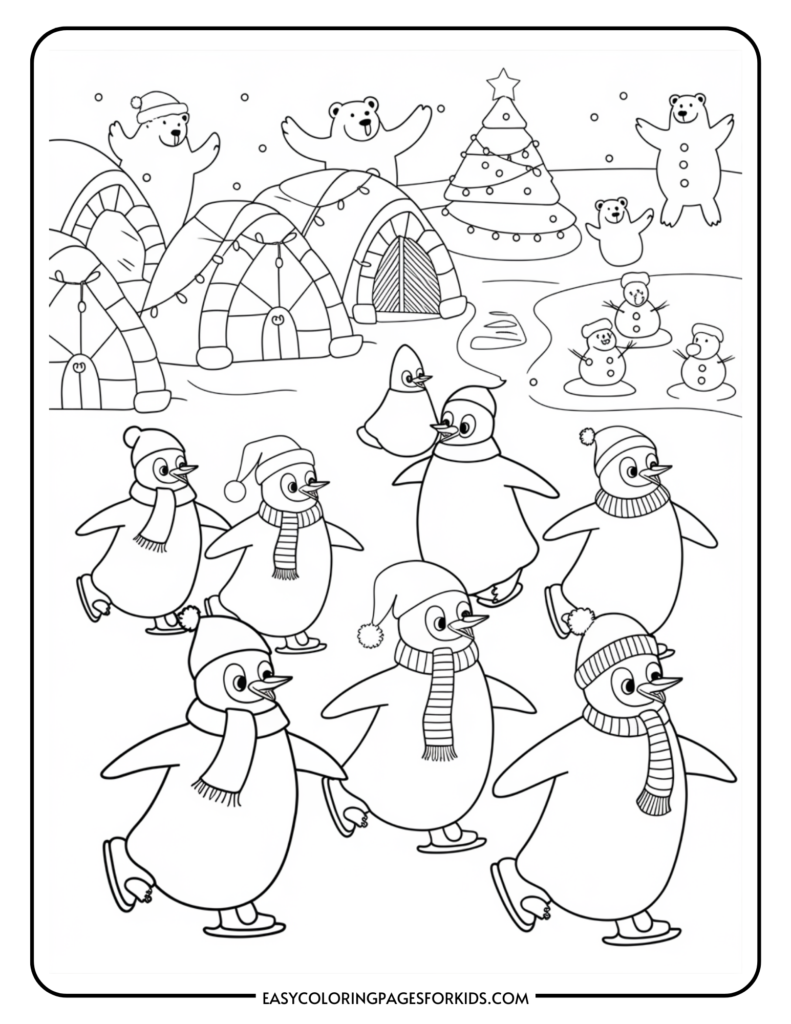 Black and white coloring page featuring playful penguins ice skating in a winter scene with igloos, polar bears, snowmen, and a decorated Christmas tree, perfect for children's holiday-themed art activities.