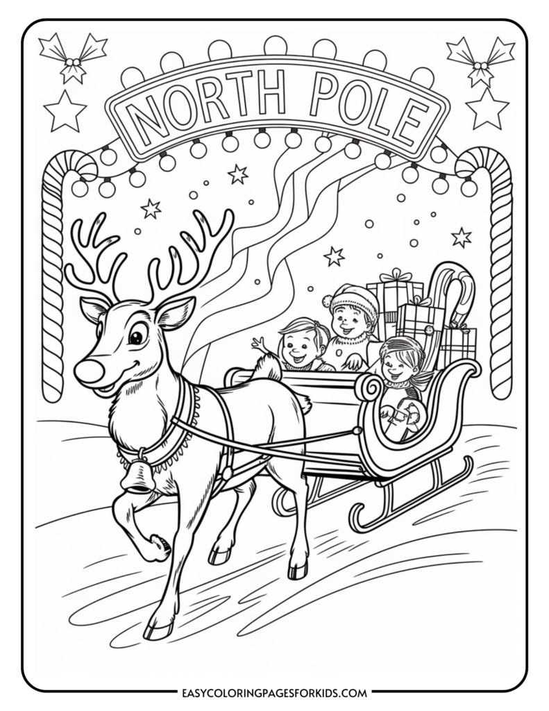 Coloring page featuring a reindeer pulling a sleigh with two children, set against a festive North Pole backdrop with decorations and gifts. Ideal for holiday-themed activities for kids.