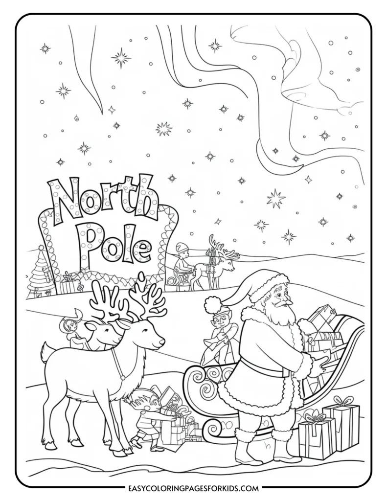 Coloring page featuring a festive North Pole scene with Santa Claus, reindeer, and elves preparing gifts. Ideal for kids' holiday activities and creative expression.