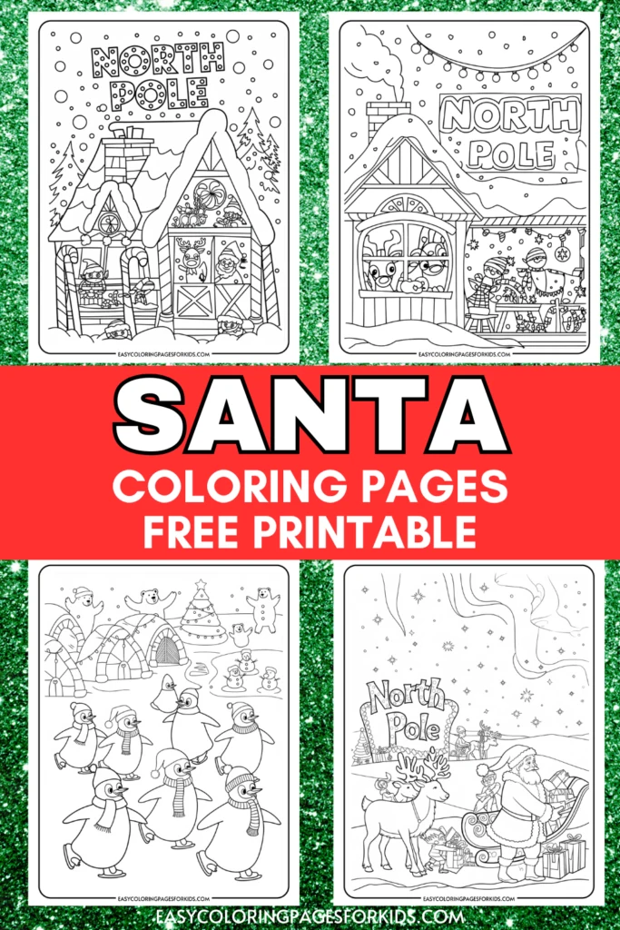 Santa coloring pages featuring festive scenes from the North Pole, including holiday-themed illustrations of Santa, penguins, and winter landscapes. Free printable for kids to enjoy creative coloring activities.