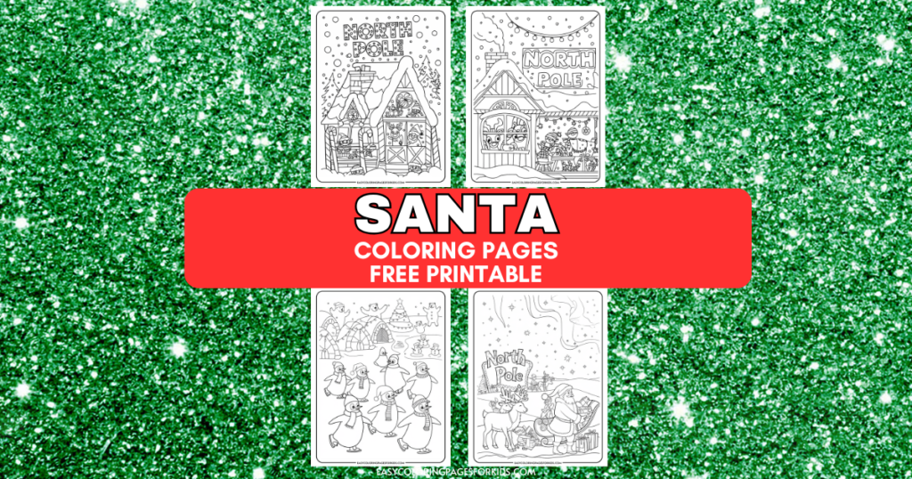 Free printable Santa coloring pages featuring festive scenes like the North Pole and cheerful characters, perfect for holiday-themed activities for kids.