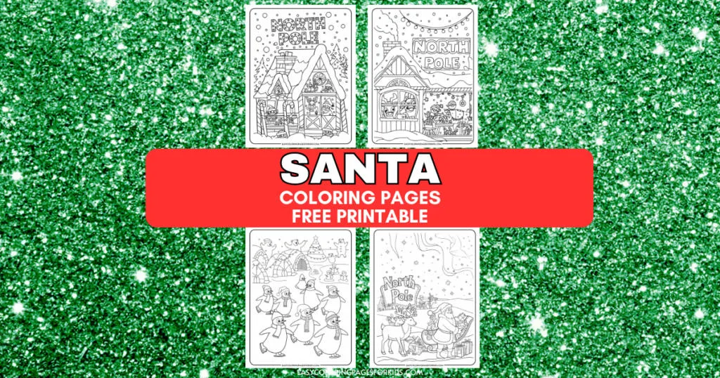 Free printable Santa coloring pages featuring festive scenes like the North Pole and cheerful characters, perfect for holiday-themed activities for kids.