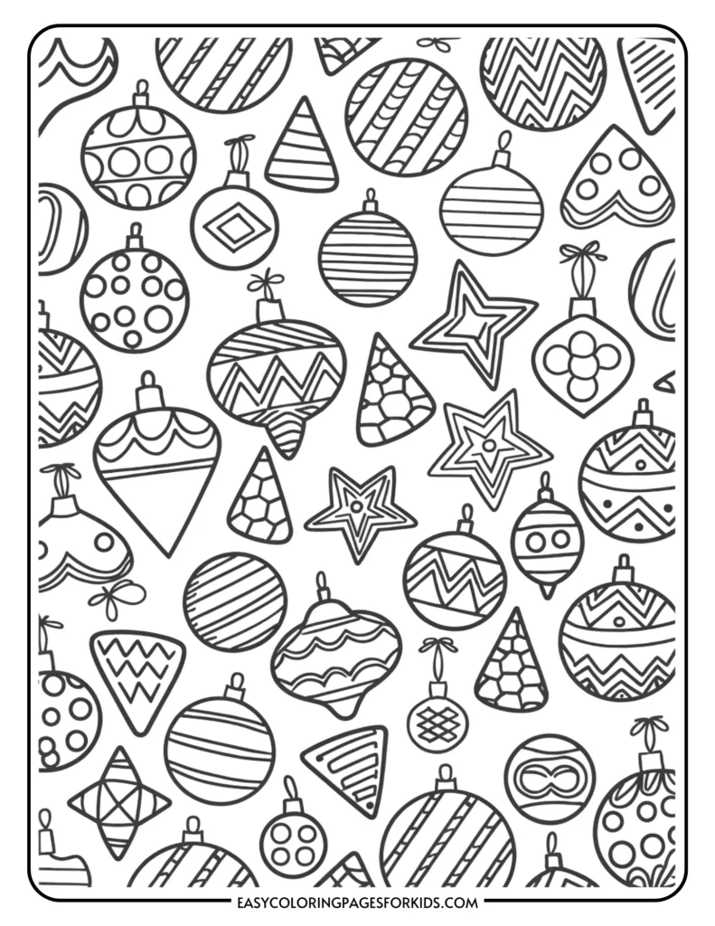 Black and white coloring page featuring a variety of Christmas ornaments, including baubles, stars, and tree decorations, designed for kids to color.