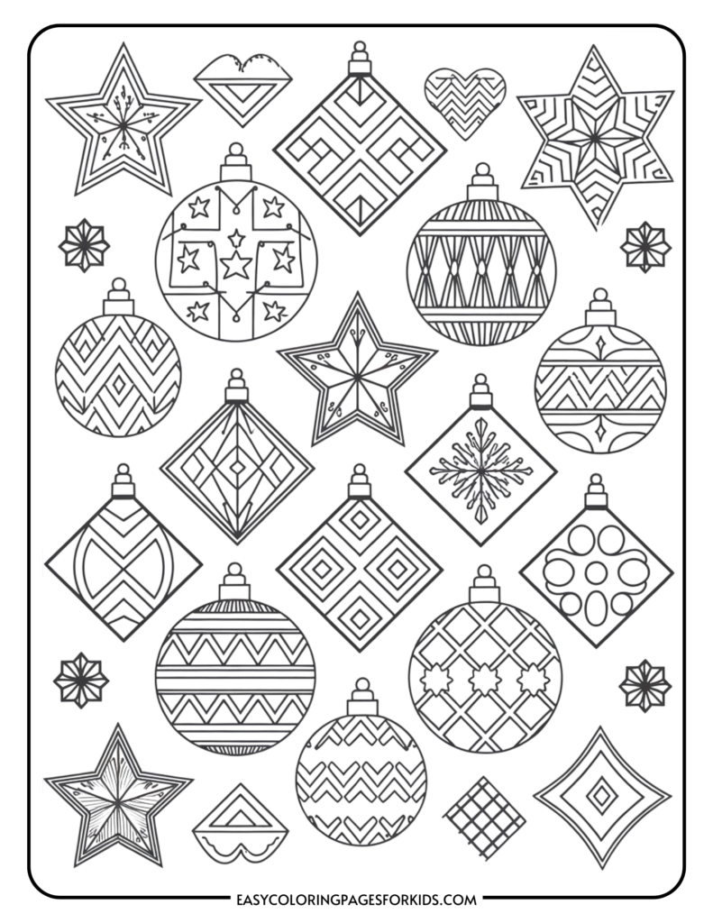 Coloring page featuring a variety of decorative Christmas ornaments and stars, designed for kids. The image includes intricate patterns and shapes, perfect for creative coloring activities during the holiday season.